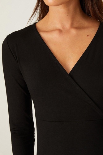 Petite Black Long Sleeve Wrap Midi Dress