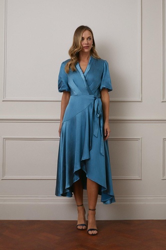 Satin Balloon Sleeve Wrap Midi Dress