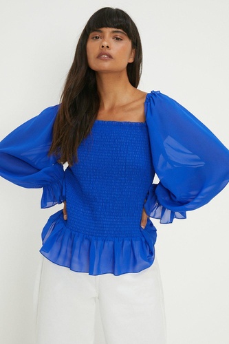 Shirred Bodice amp Back Long Sleeve Chiffon Blouse