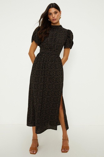 Petite Polka Dot Puff Sleeve Tie Neck Midi Dress