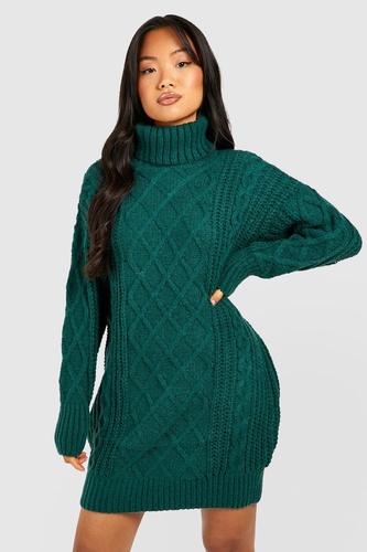 Petite Roll Neck Diamond Cable Knit Jumper Dress