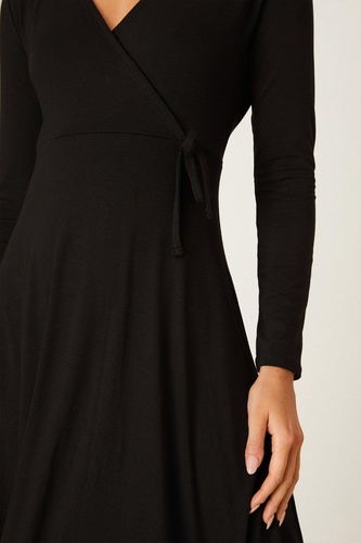 Petite Black Long Sleeve Wrap Midi Dress