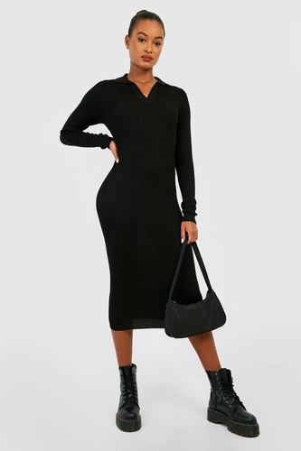 Tall Rib Knitted Polo Collared Midi Dress