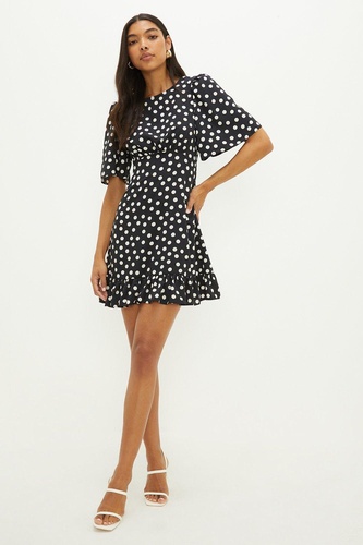 Mono Spot Print Flutter Sleeve Mini Dress