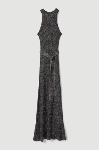 Belted Open Stitch Luxe Shimmer Knit Maxi Dress