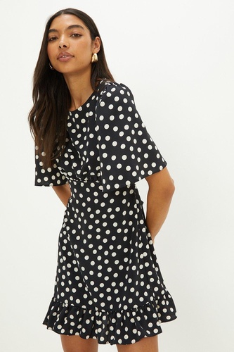 Mono Spot Print Flutter Sleeve Mini Dress