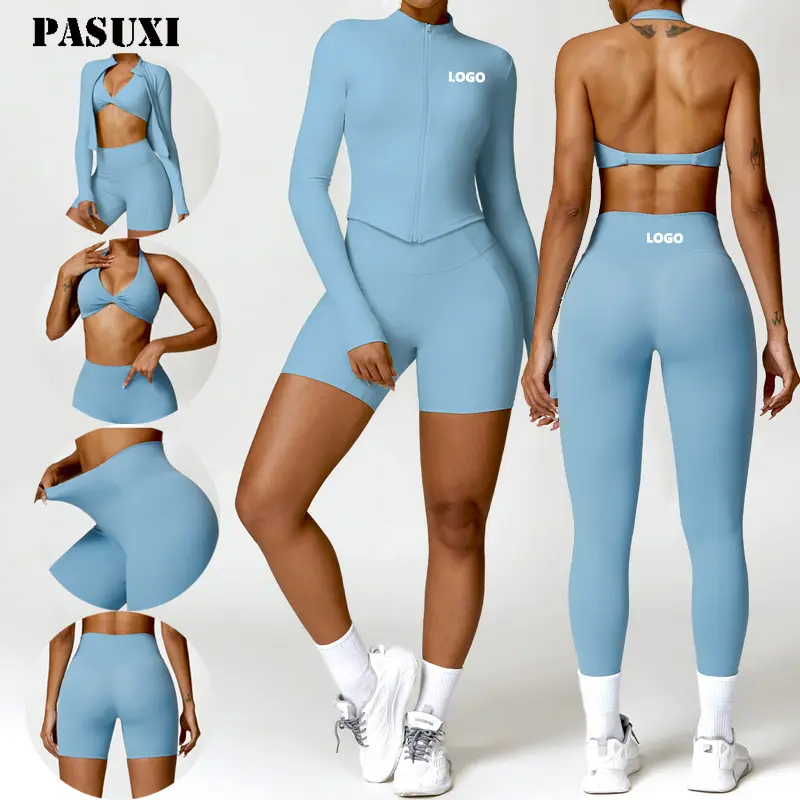 PASUXI Gym Clothing Active Wear Yoga Bra And Shorts Set Halter Tight Fitting Short Top Casual Fitness Trousers Suit Yoga Sets