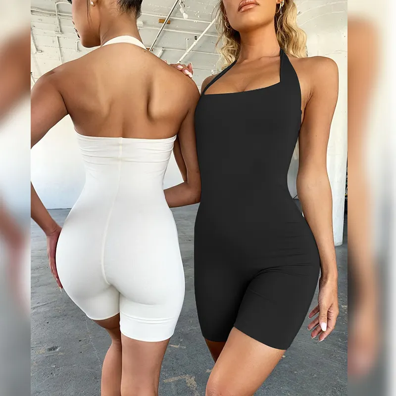 Sexy Playsuit Hollow Halter Neck Short Rompers For Women Solid One Piece Summer Jumpsuit Shorts