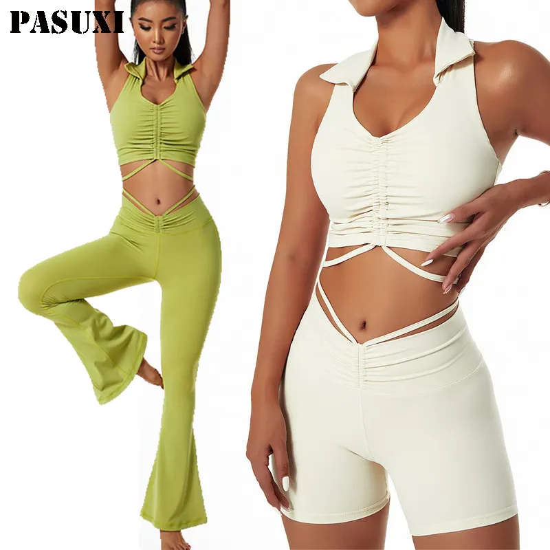 PASUXI Women Scrunch Butt Leggings Set Fitness Sport Suit Yoga Set Backless Gym Running Set Sport Wear