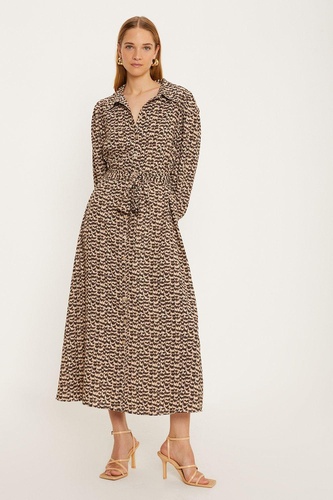 Animal Print Tie Midi Shirt Dress