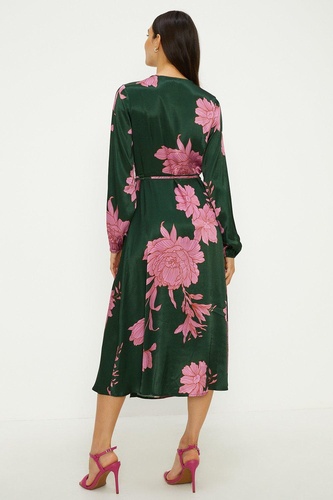 Large Floral Satin Wrap Midi Dress