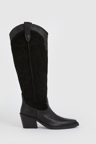 Leather And Suede Stitch Detail Western Knee Boot