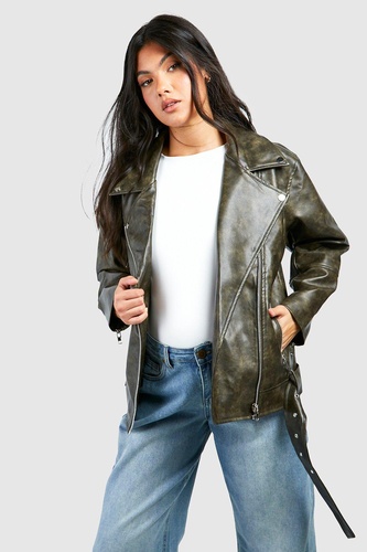 Maternity Oversized Washed Belted Biker Jacket