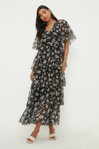 Chiffon Cape Tiered Maxi Dress