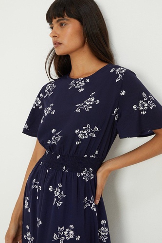 Navy Floral Flutter Sleeve Midi Dress