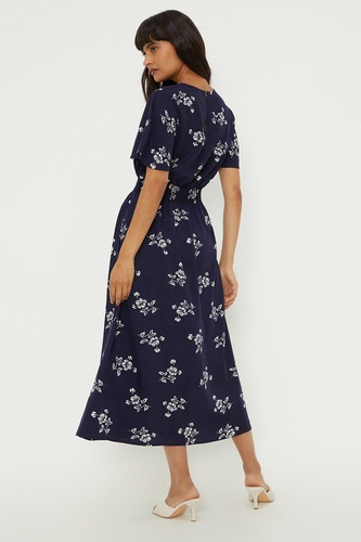 Navy Floral Flutter Sleeve Midi Dress