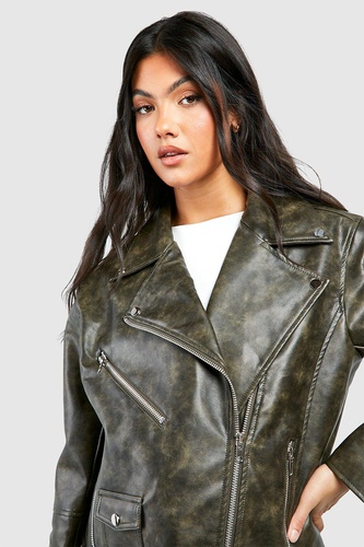 Maternity Oversized Washed Belted Biker Jacket