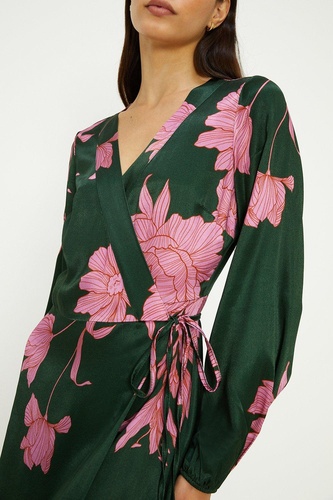 Large Floral Satin Wrap Midi Dress