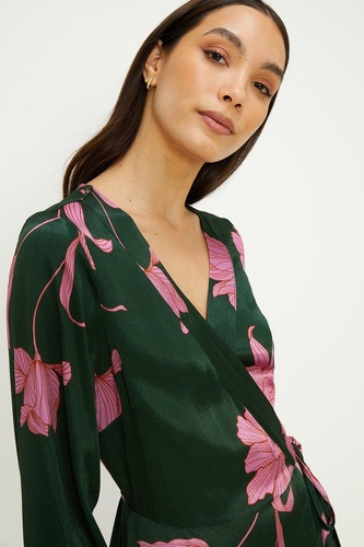 Large Floral Satin Wrap Midi Dress