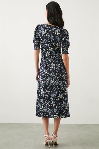 Petite Navy Ditsy Shirred Cuff Midi Dress