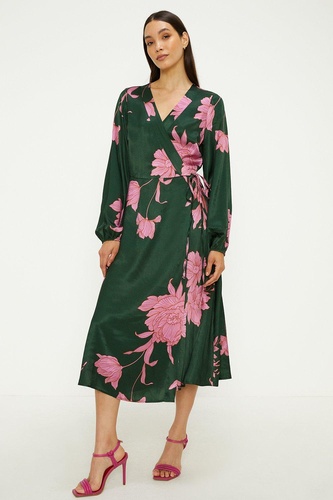 Large Floral Satin Wrap Midi Dress