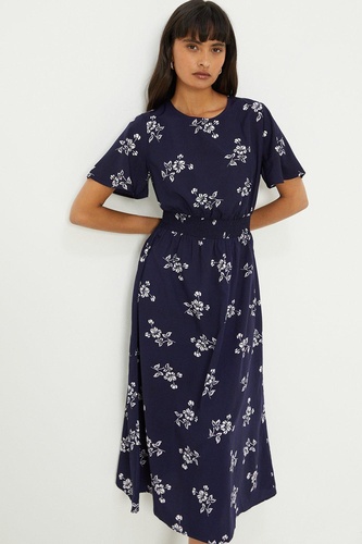 Navy Floral Flutter Sleeve Midi Dress