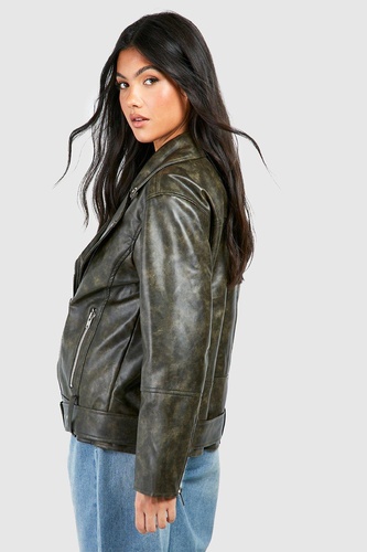 Maternity Oversized Washed Belted Biker Jacket