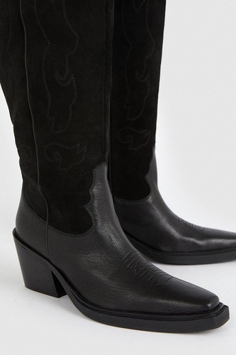 Leather And Suede Stitch Detail Western Knee Boot