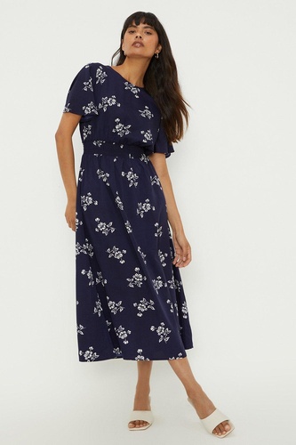 Navy Floral Flutter Sleeve Midi Dress