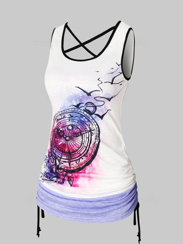 Clock Floral Print Cinched Criss Cross Ringer Tank Top