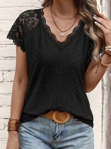 Jacquard Lace Short Sleeve T shrit Solid Color V Neck