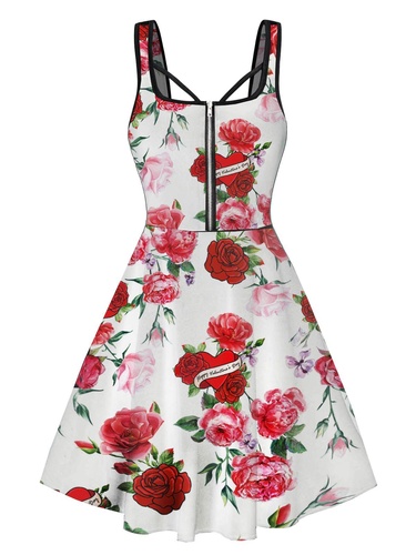 Allover Rose Flower Print Mini Dress Sleeveless Zipper Detail Cottagecore