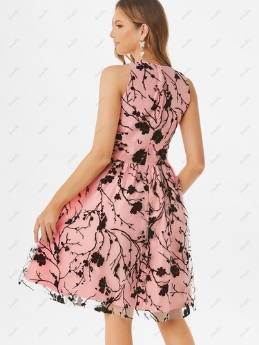 Summer Elegant Mesh Overlay Floral Flocked A Line Party Dress