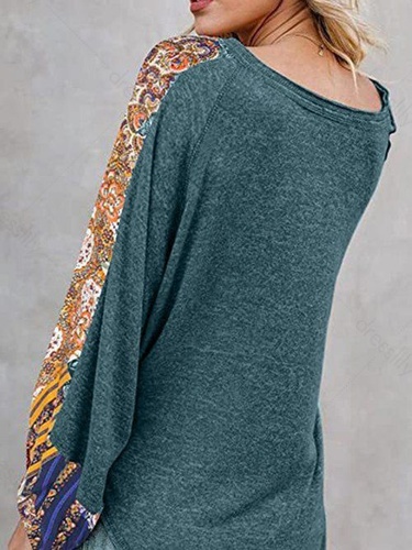 Paisley Floral Patchwork Raglan Sleeve Top Curved Hem V Neck