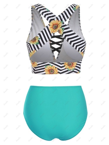 Tummy Control Swimsuit Sunflower Zig Zag Print Criss Cross High