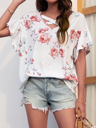 Flower Print T shirt Flare Sleeve Crisscross V Neck Drop