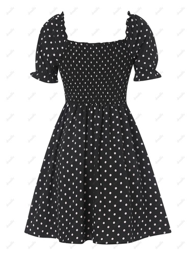 Vintage Dress Polka Dots Print Mini Dress Ruffled Puff Sleeve