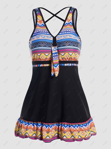 Bohemian Tankini Swimsuit Colored Geometric Print Crisscross Swimwear Padded Boyshorts