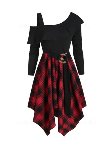 Gothic Plaid Asymmetrical Handkerchief Cold Shoulder Dress