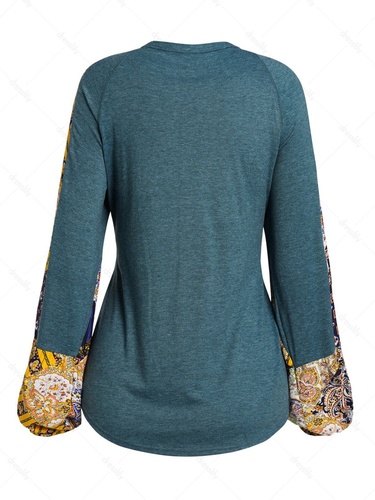 Paisley Floral Patchwork Raglan Sleeve Top Curved Hem V Neck