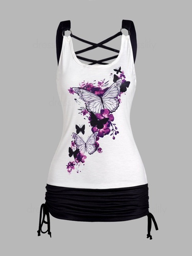 Butterfly Flower Print Tank Top Colorblock Crisscross Cinched Ruched Tank