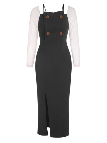 Mock Button Slit Colorblock Midi Dress