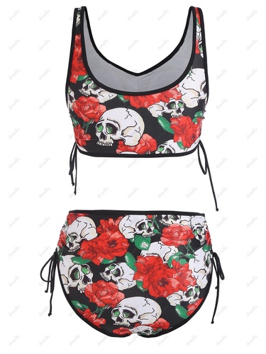 Skull Flower Print Cinched Padded Tankini Swimsuit