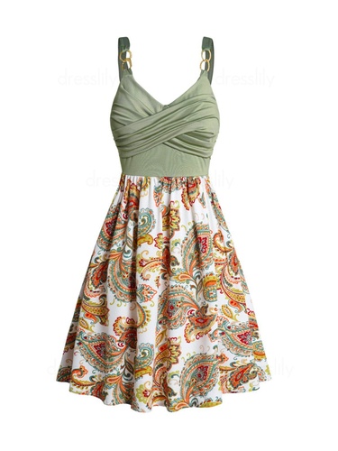 Paisley Flower Print Mini Dress Crossover Oval Ring Contrast Cami