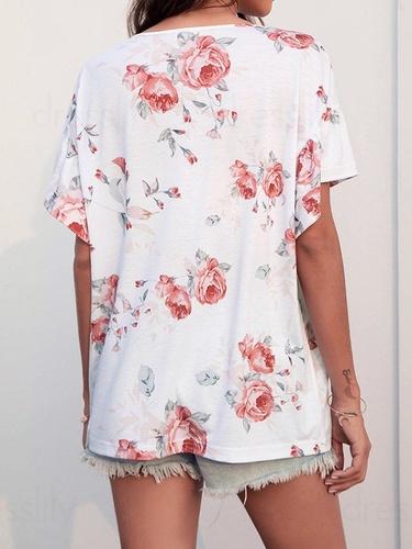 Flower Print T shirt Flare Sleeve Crisscross V Neck Drop