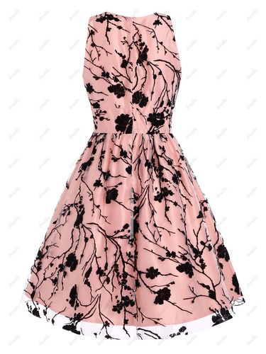 Summer Elegant Mesh Overlay Floral Flocked A Line Party Dress