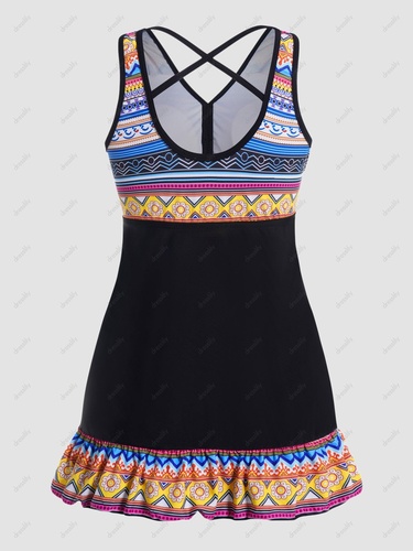 Bohemian Tankini Swimsuit Colored Geometric Print Crisscross Swimwear Padded Boyshorts