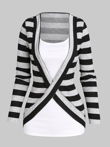 Contrast Stripe Pattern Knit Faux Twinset T Shirt Colorblock Crossover