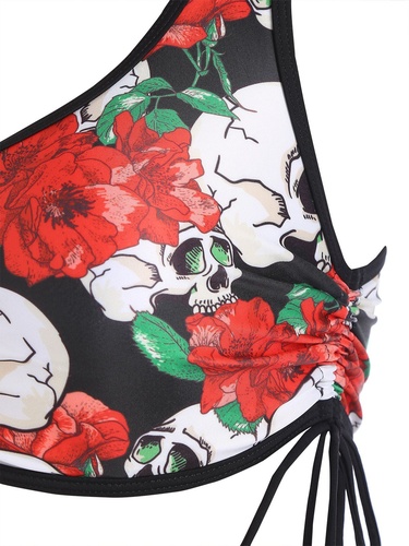 Skull Flower Print Cinched Padded Tankini Swimsuit