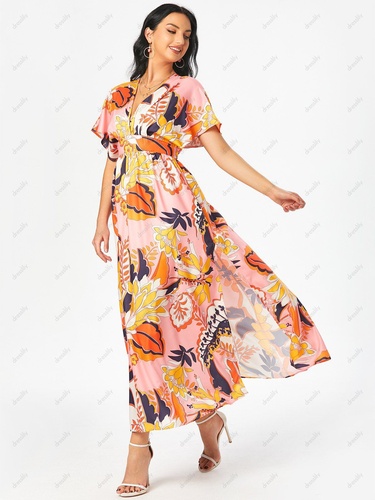 Floral Print Batwing Sleeve Slit Maxi Beach Dress